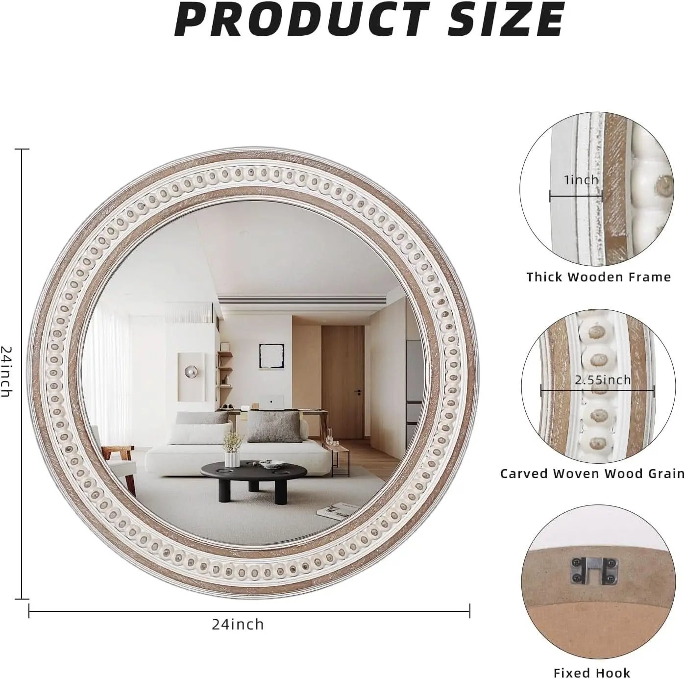 Round mirror with wooden frame and measurements on a white background