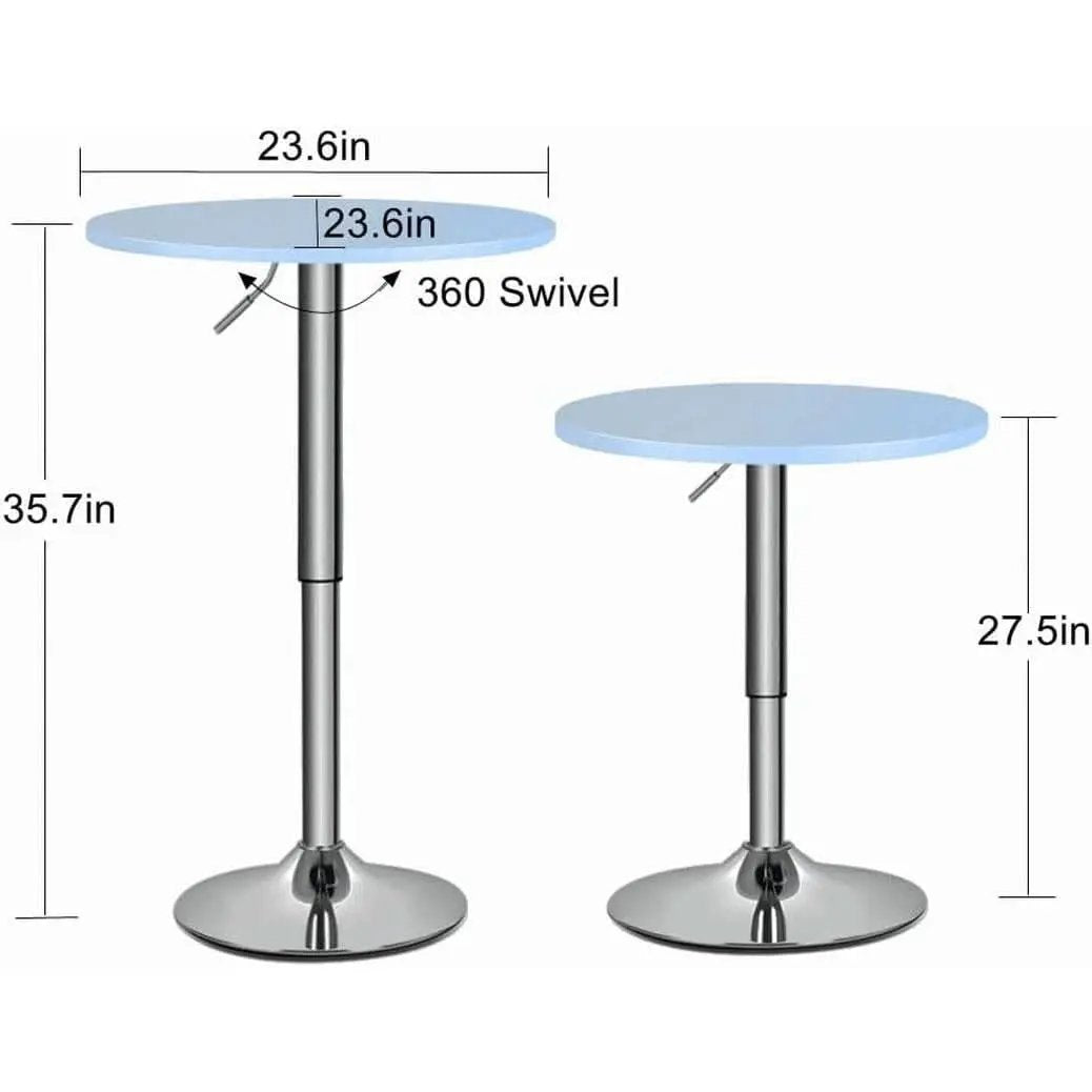 Two round tables with dimensions and swivel feature labeled on a white background