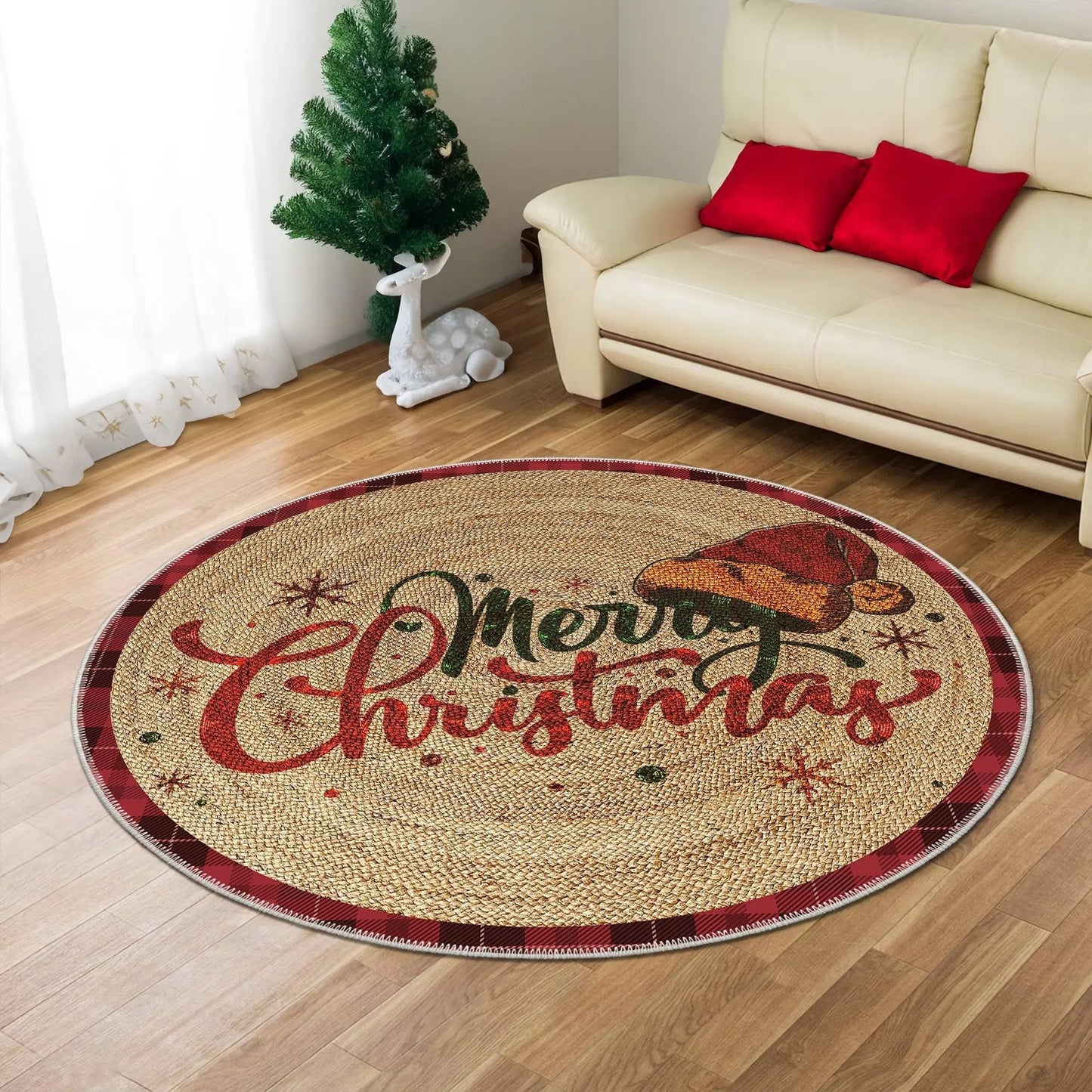 Round Christmas-themed rug on a wooden floor with a beige sofa and decorative items in the background.
