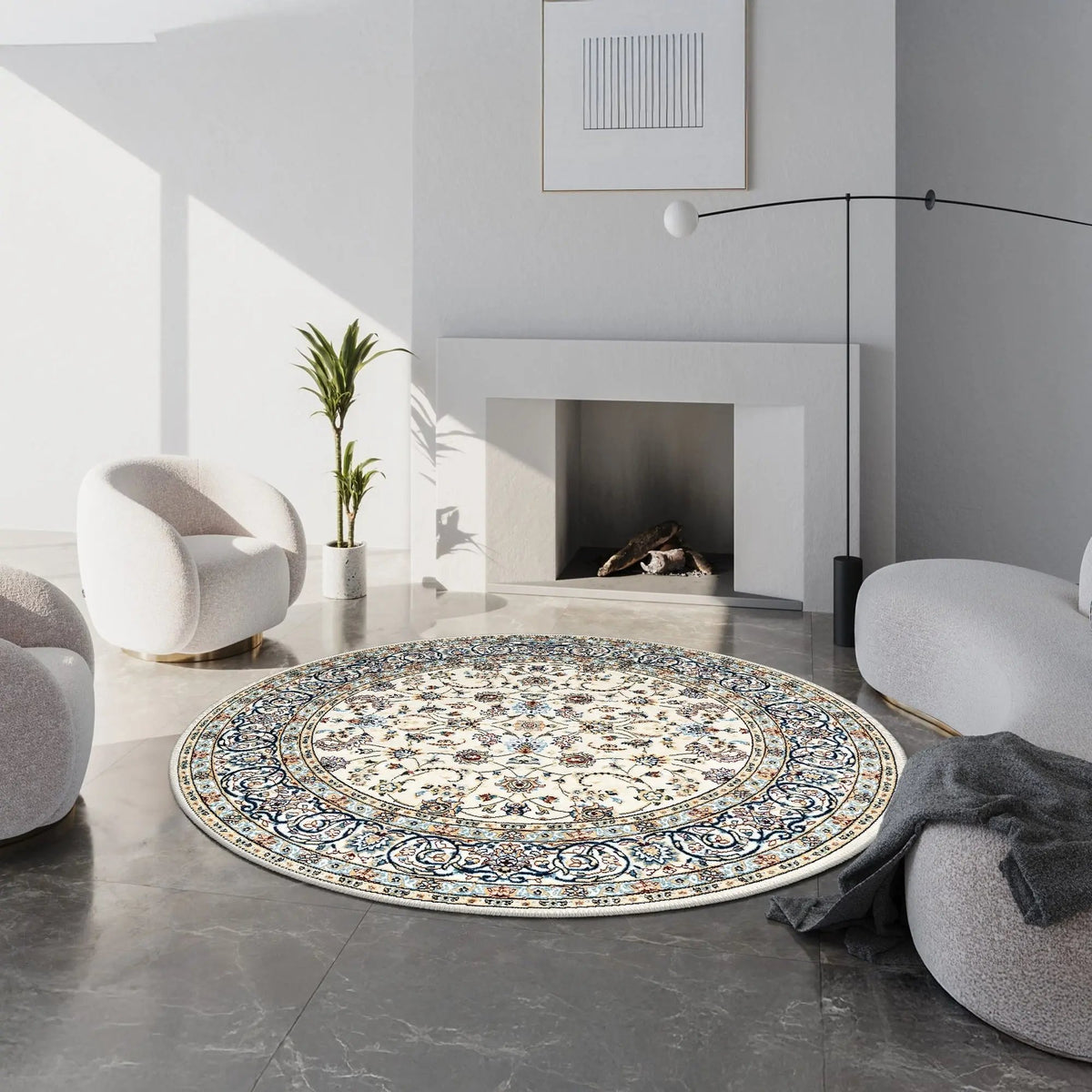 Round decorative rug in a modern living room with a fireplace and chairs.