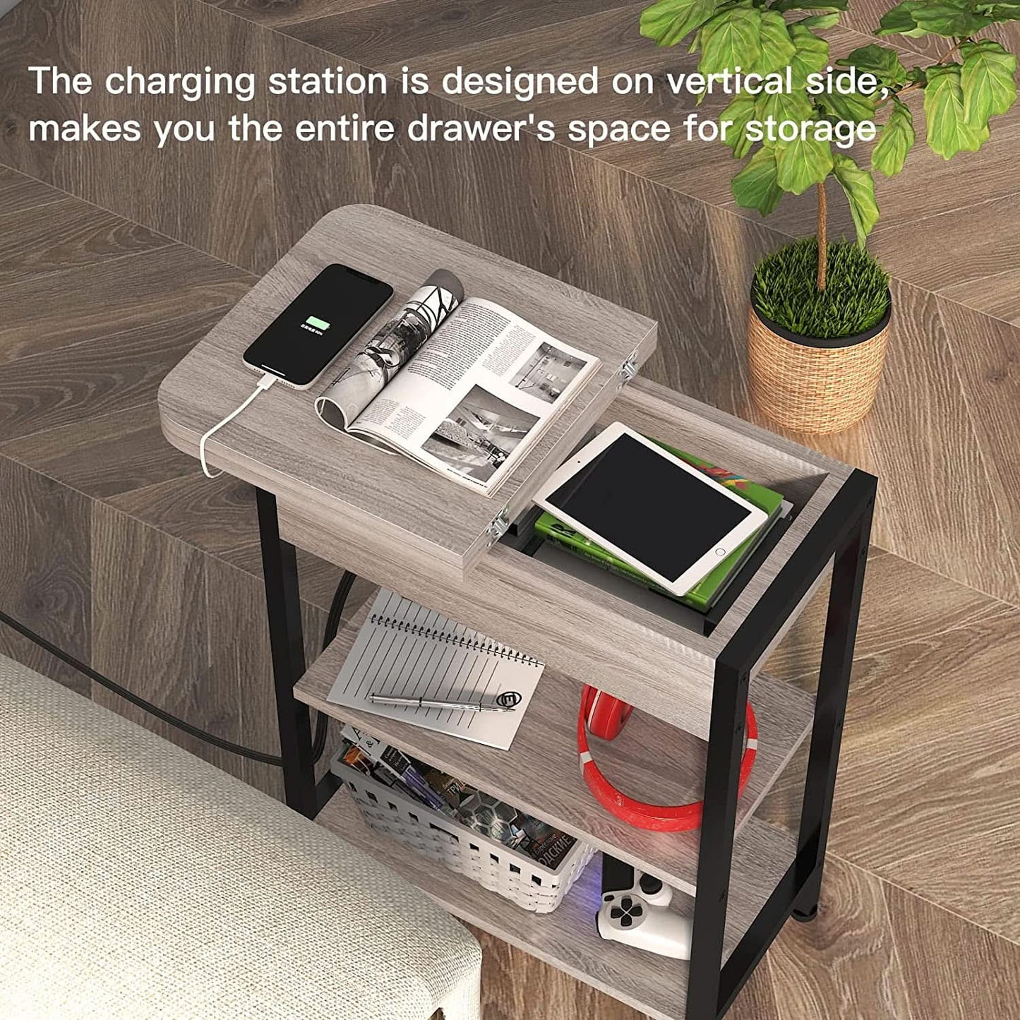 End Table with Vertical Charging Station USB Outlets Greige Modern Side Table-4