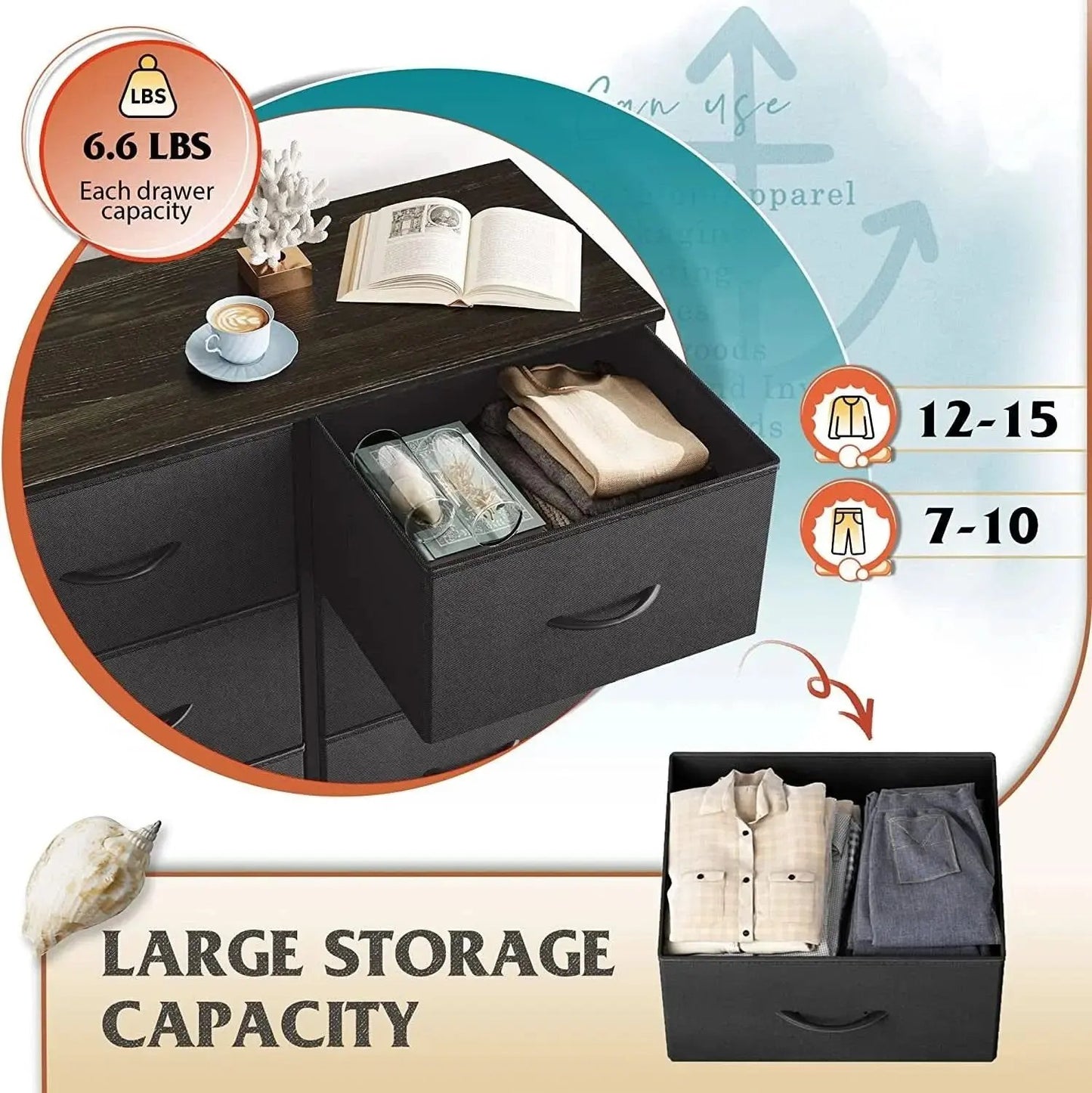 Black dresser with open drawers showing clothing and a box of clothes, with text about storage capacity.