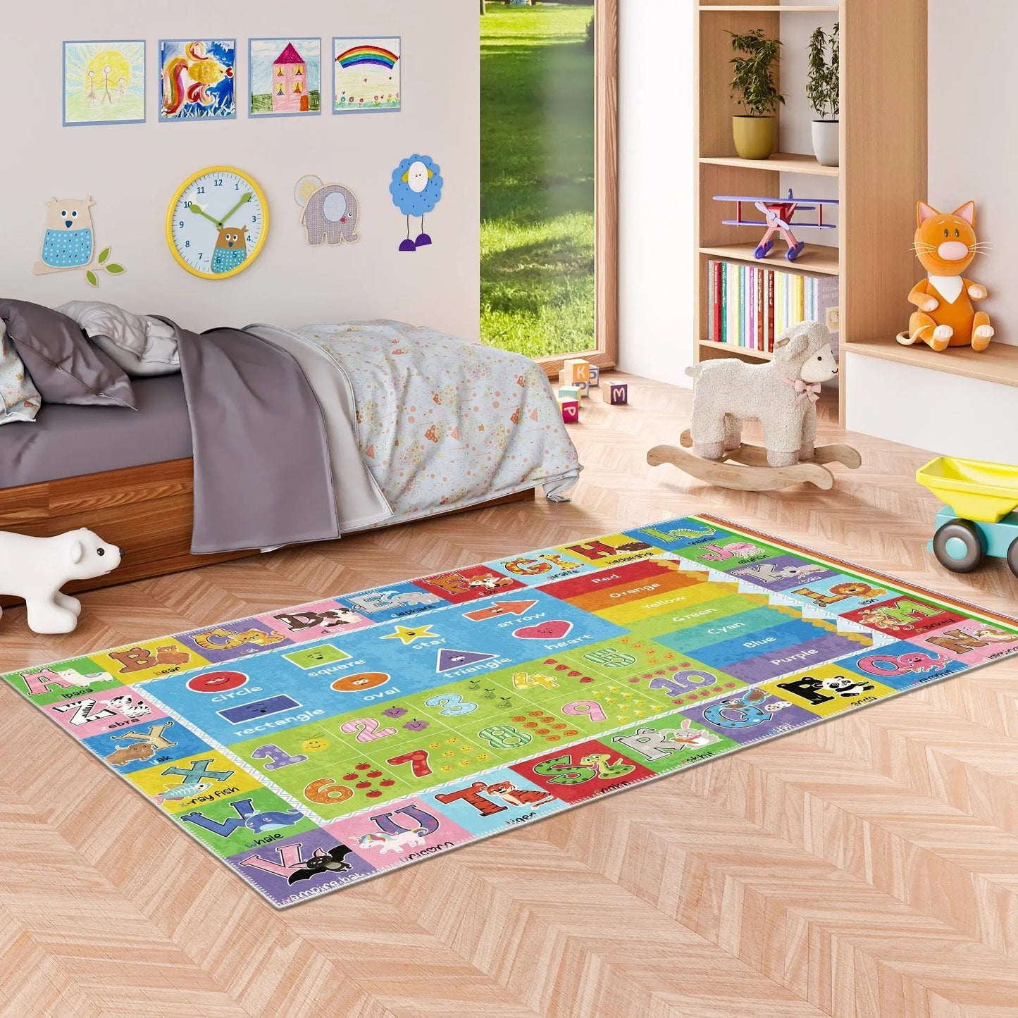 Children's room with a colorful educational rug on the floor.