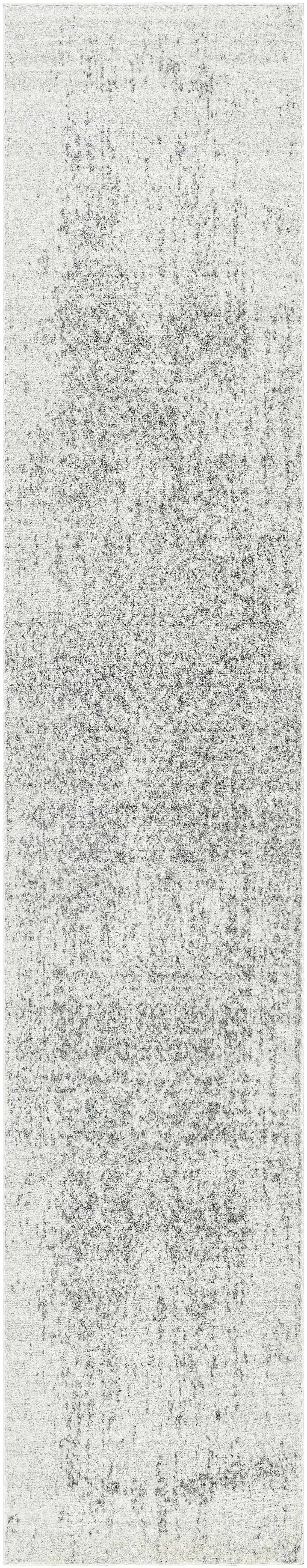 Long, narrow rug with a textured pattern in gray and white.