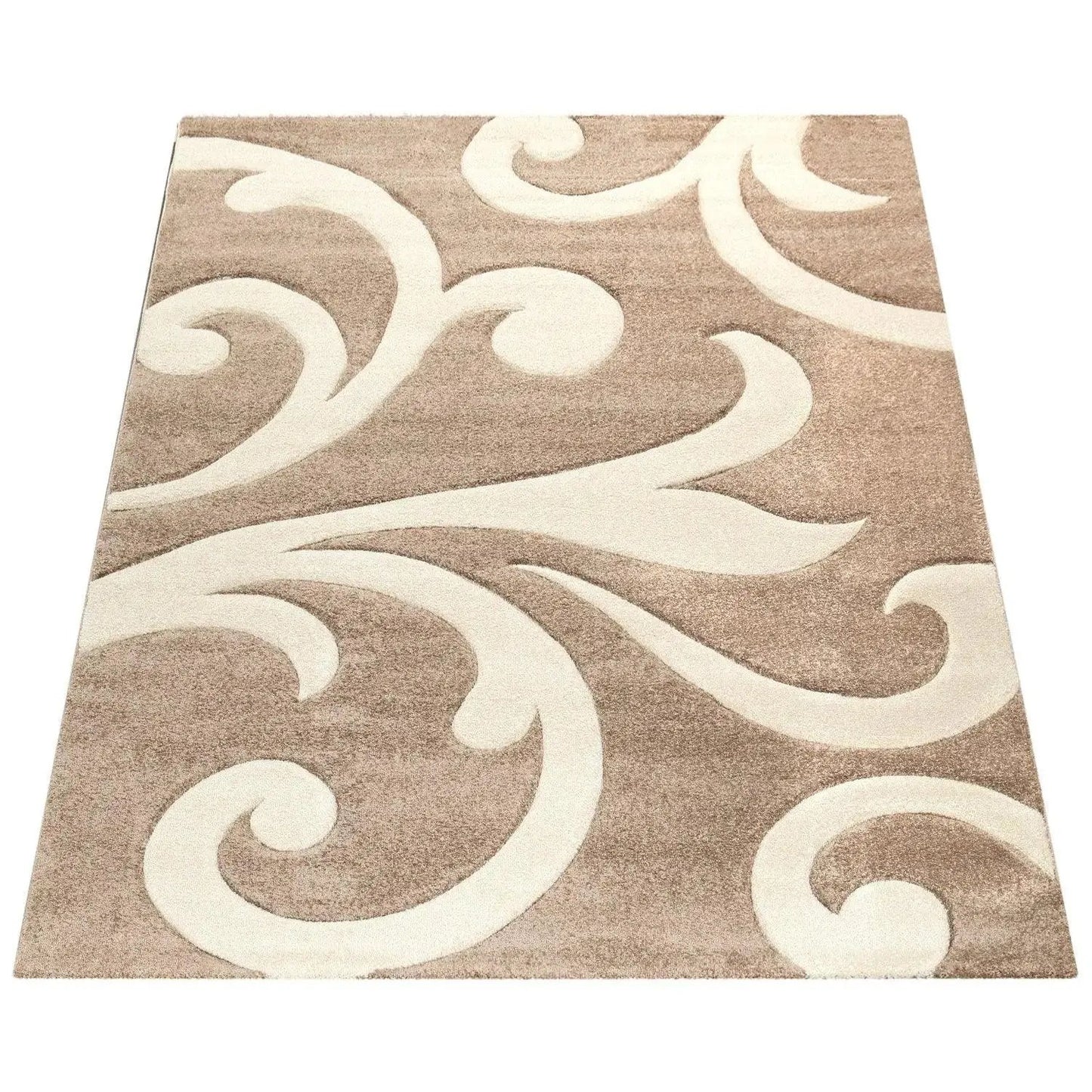 Beige and white decorative rug with intricate patterns on a white background