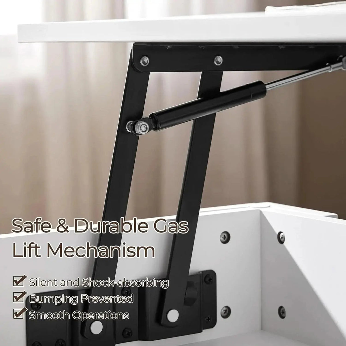Close-up of a gas lift mechanism on a piece of furniture with text highlighting its features.
