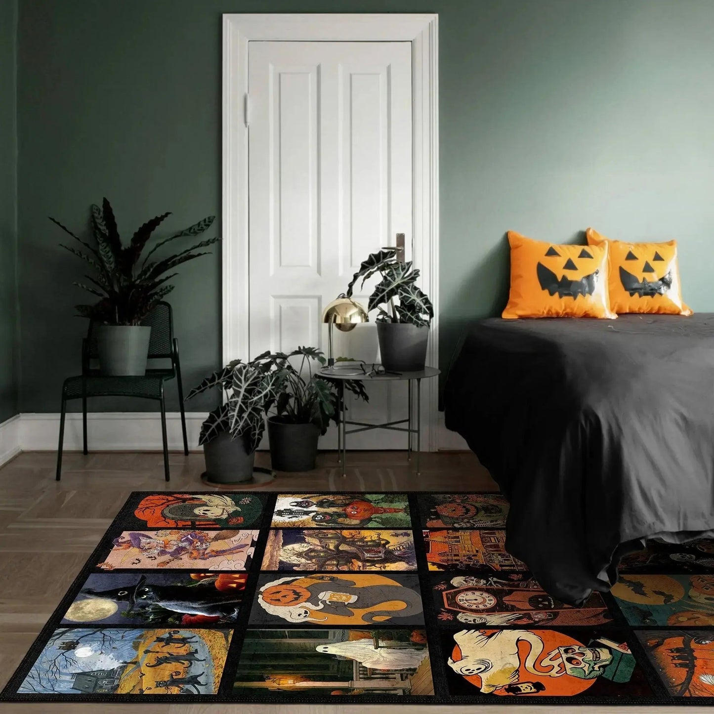 Bedroom with a decorative rug featuring Halloween-themed designs, pumpkins on the bed, and potted plants.