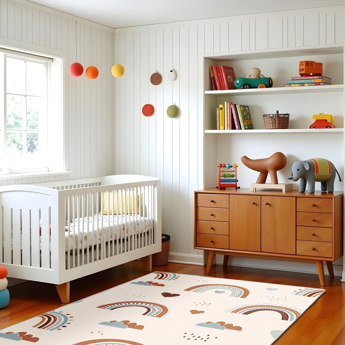 Children's room with white crib, wooden dresser, and colorful toys.