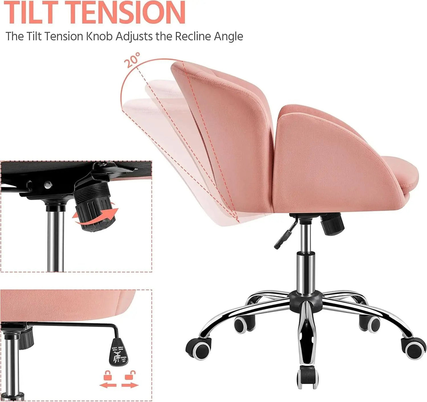Pink office chair with tilt tension knob adjustment on a white background