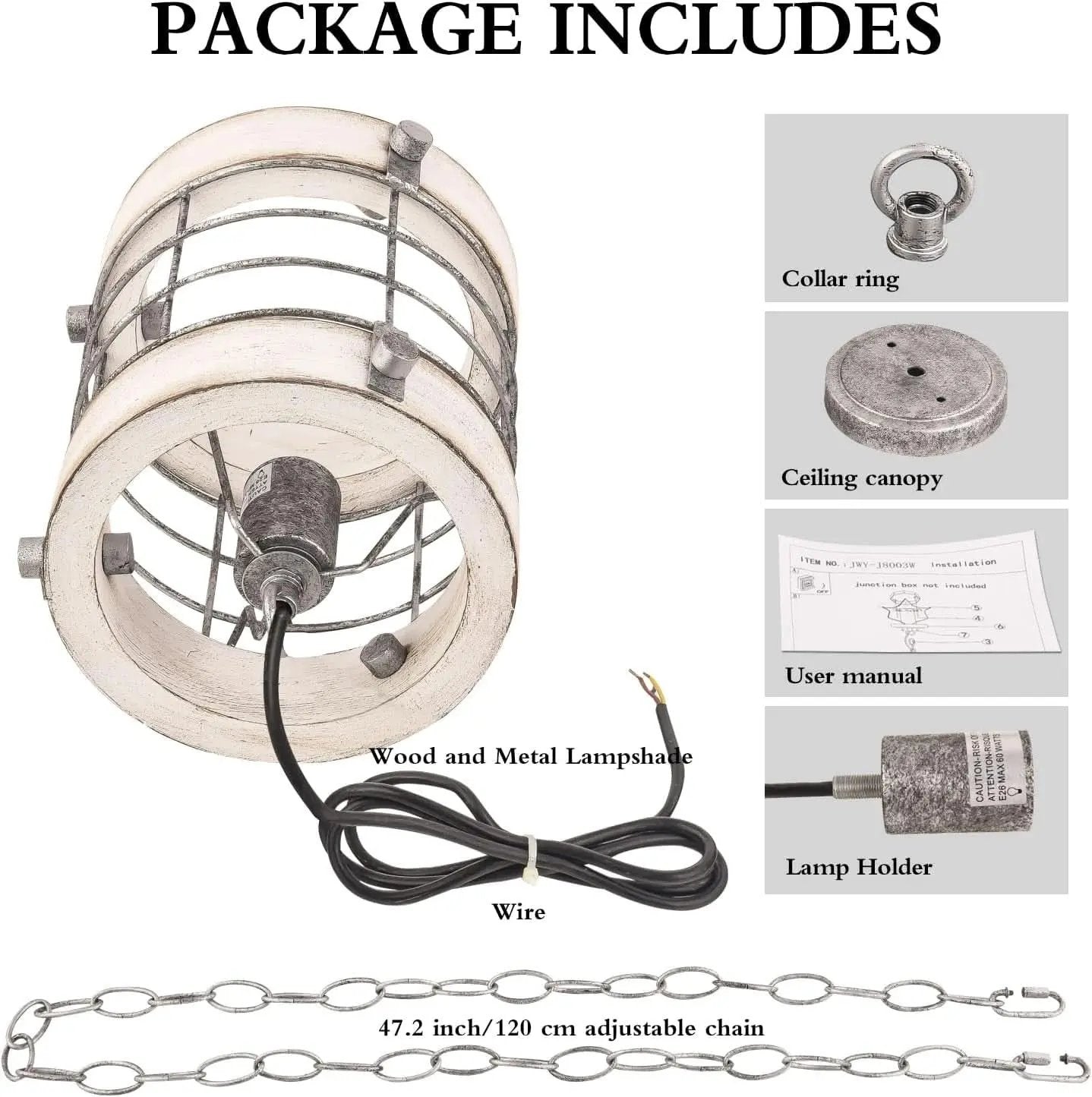 Retro Industrial Wood Metal Round Cage Pendant Light White 1-Light-1