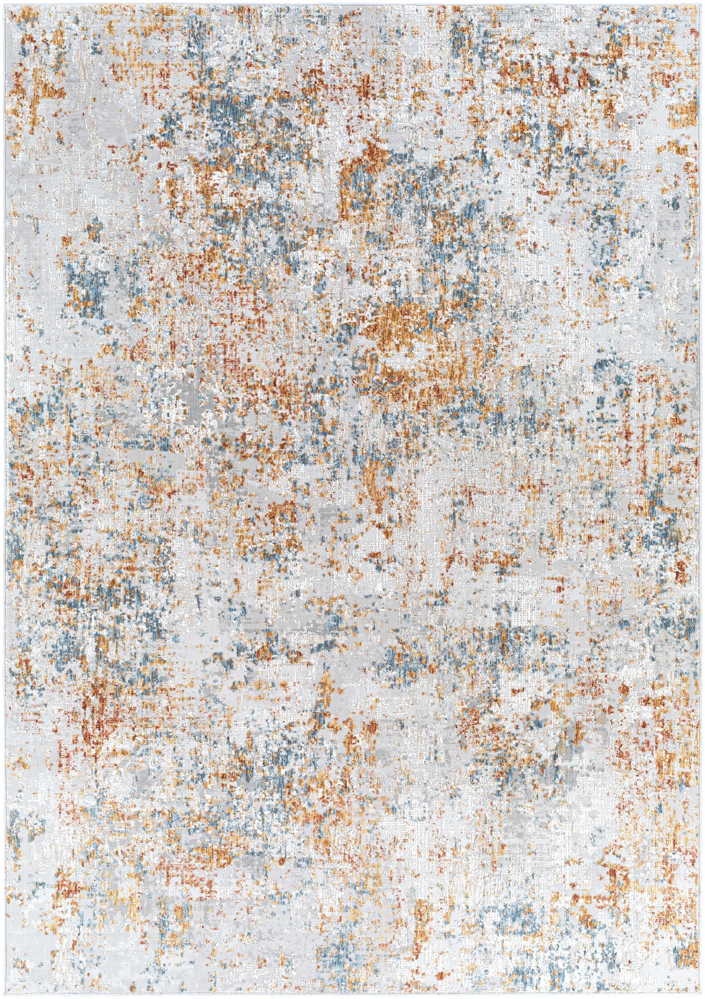 Multicolored textured area rug with a mix of orange, blue, and gray tones.