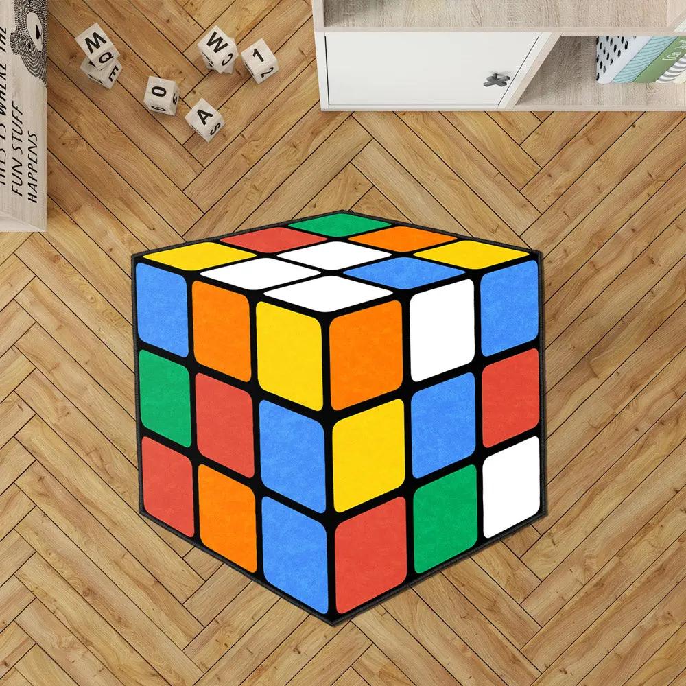 Colorful Rubik's Cube-shaped rug on a wooden floor