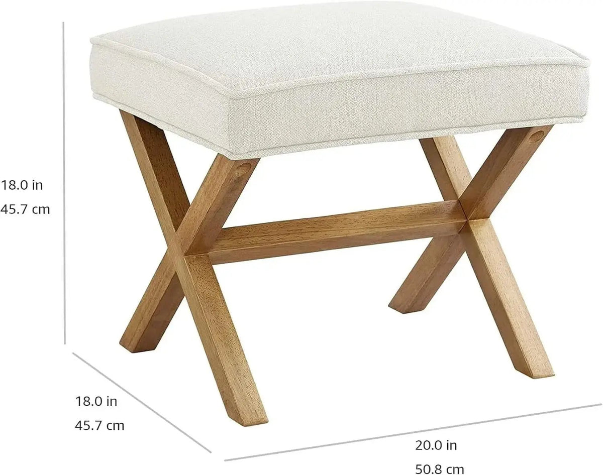 Wooden stool with a white cushion, shown with dimensions on a white background