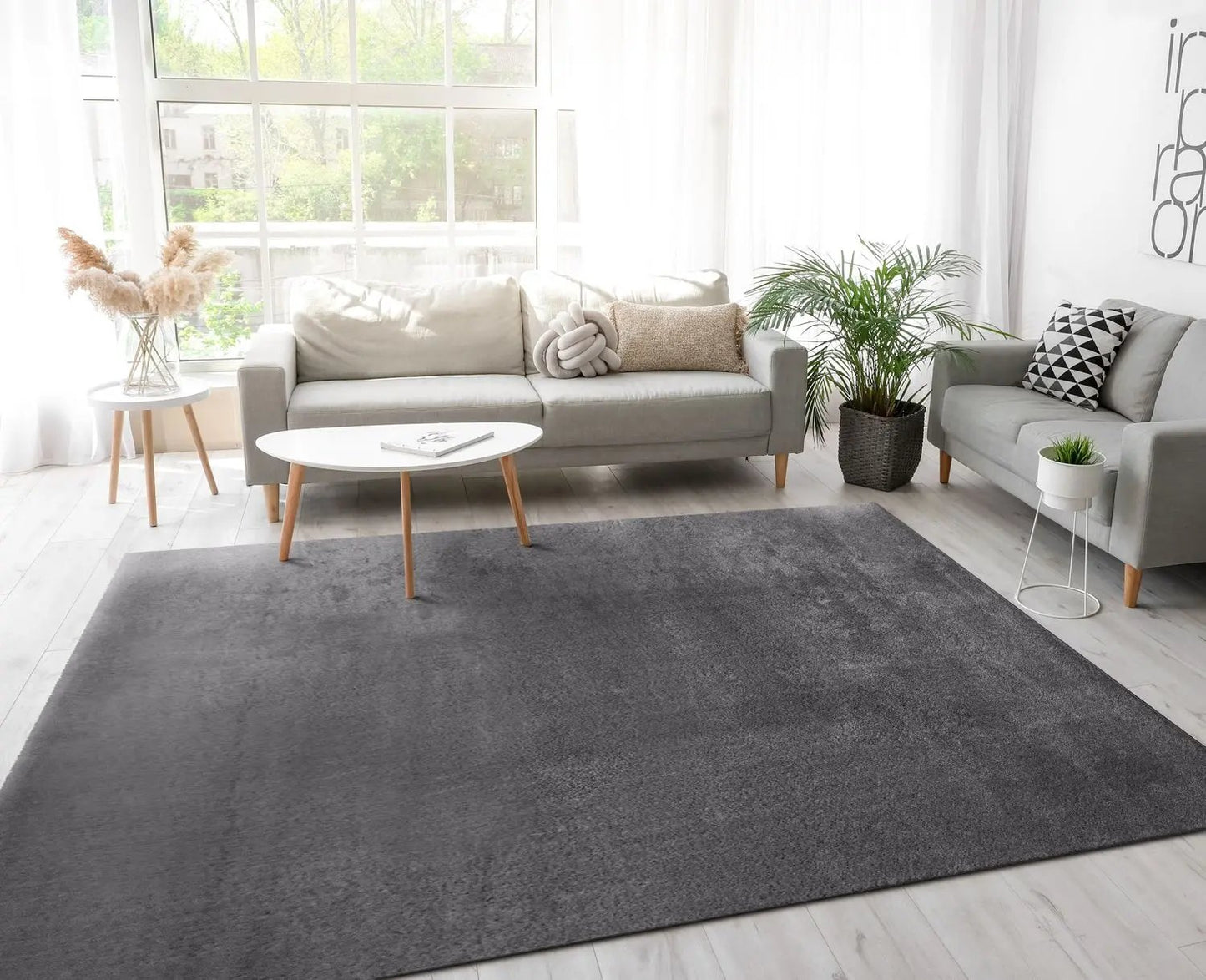 Modern living room with gray sofa, coffee table, and rug.