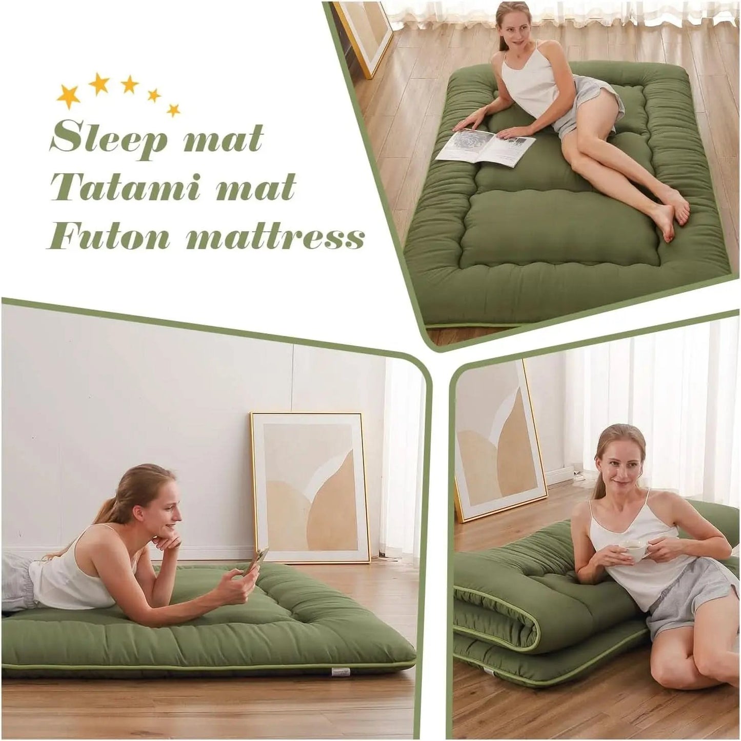 Woman using a green sleep mat, tatami mat, and futon mattress in different settings.