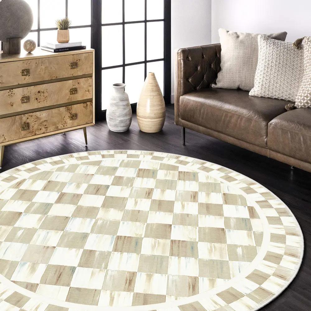 Round checkered rug in a living room with a brown leather sofa and wooden side table.