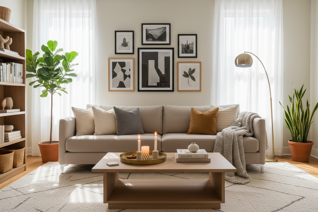 Stylish living room featuring a neutral rug, modern lighting, wall mirror, comfortable chair, and decorative accessories