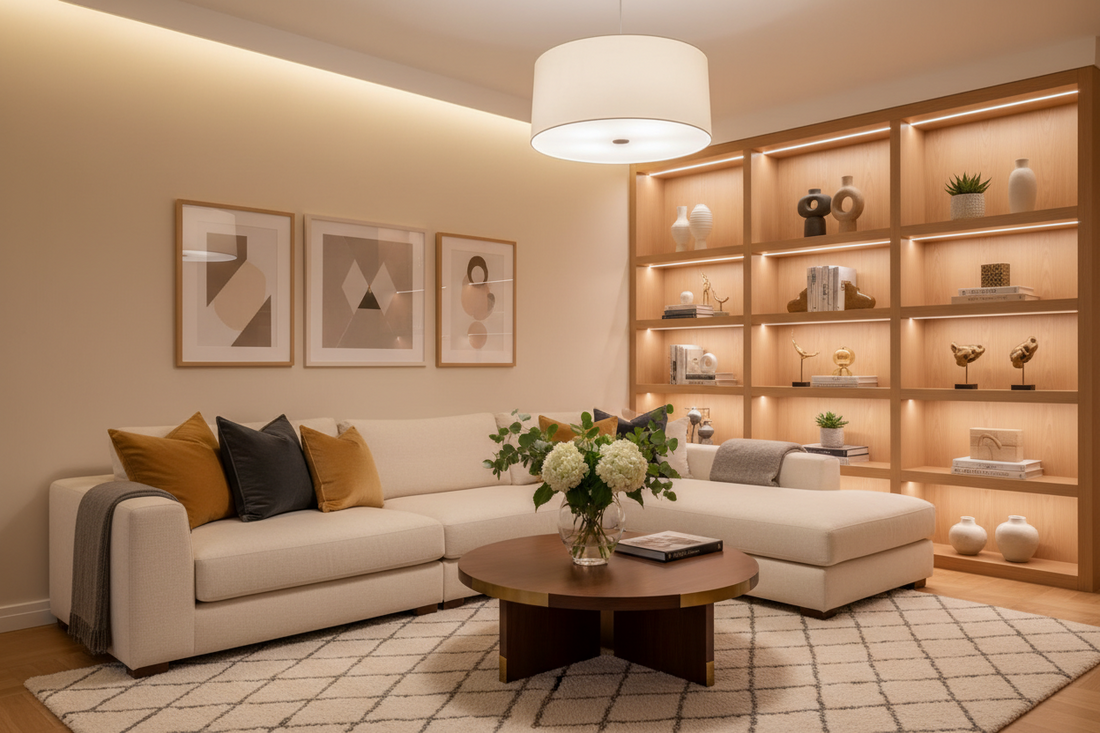 Contemporary living room featuring cream sofas, built-in LED-lit display shelves, a wooden coffee table, and warm neutral décor for a modern luxury interior design.
