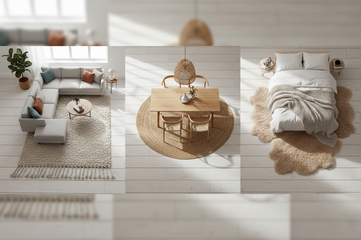 Rug size ideas for living room, dining room, and bedroom with modern neutral home decor