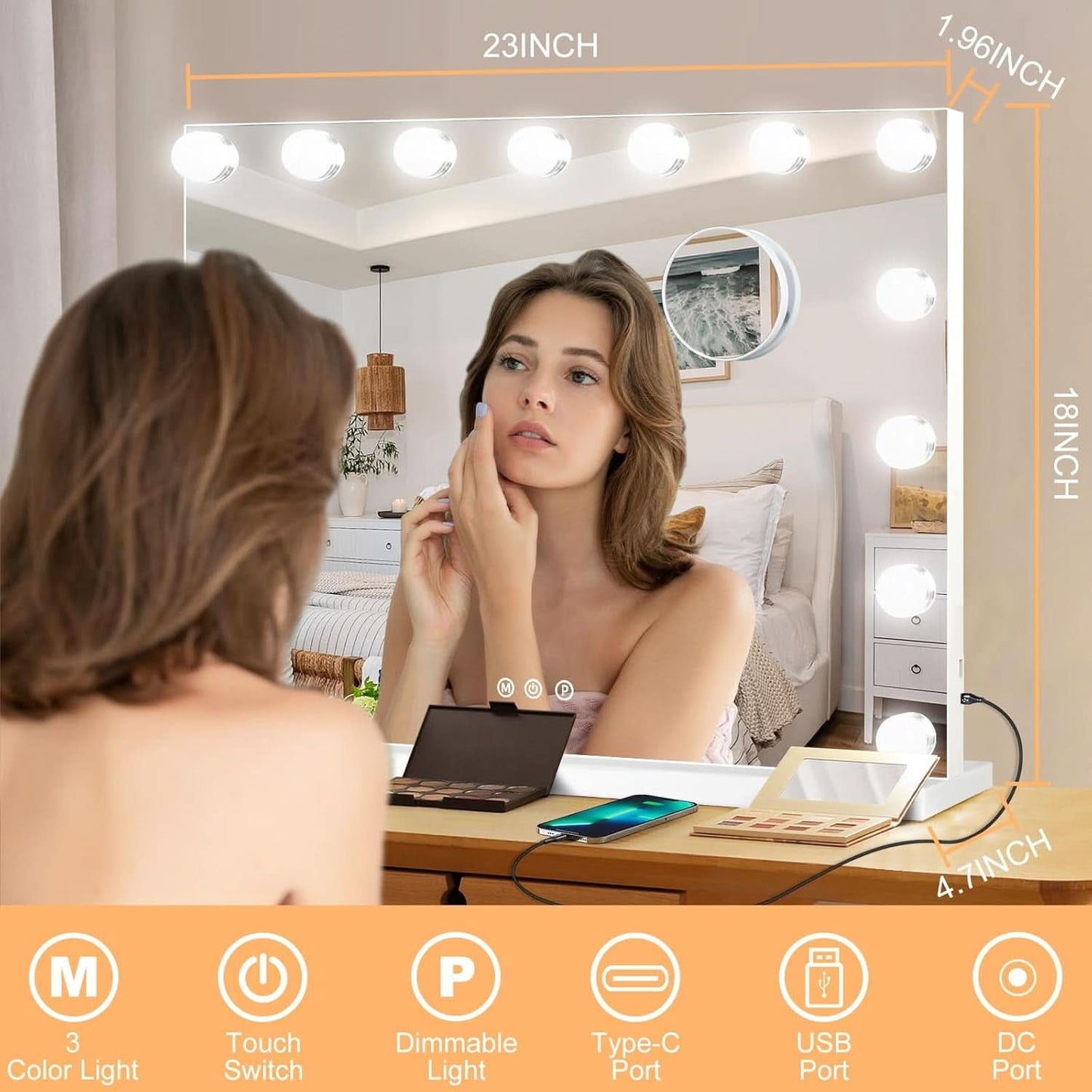 23 Inch Vanity Mirror with 15 Dimmable Lights and 10x Magnification-1