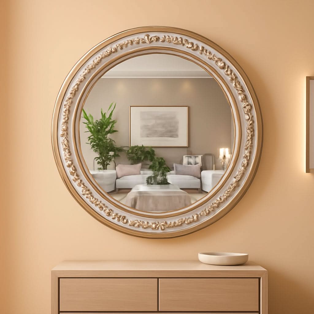 Decorative round mirror with gold frame on a beige wall, reflecting a living room.