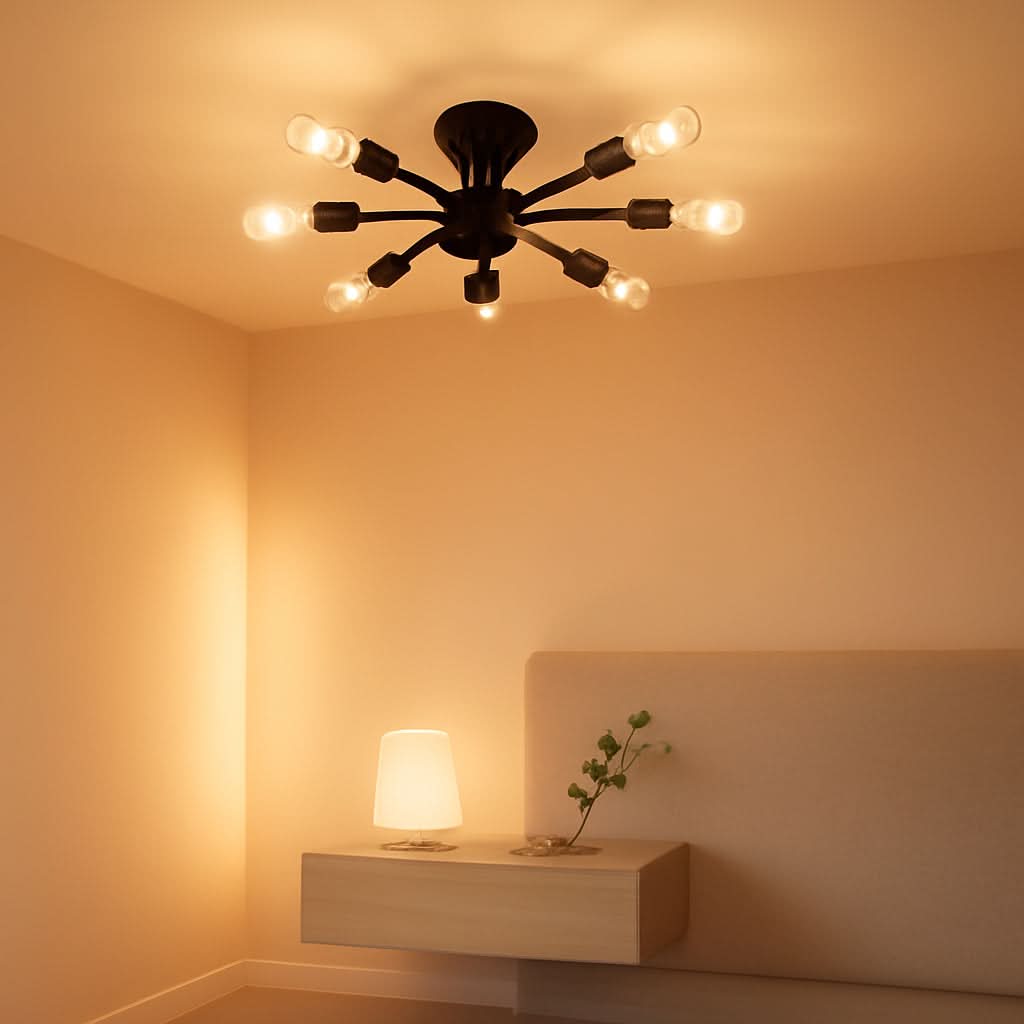 Modern ceiling light fixture in a softly lit room with a small table and plant.