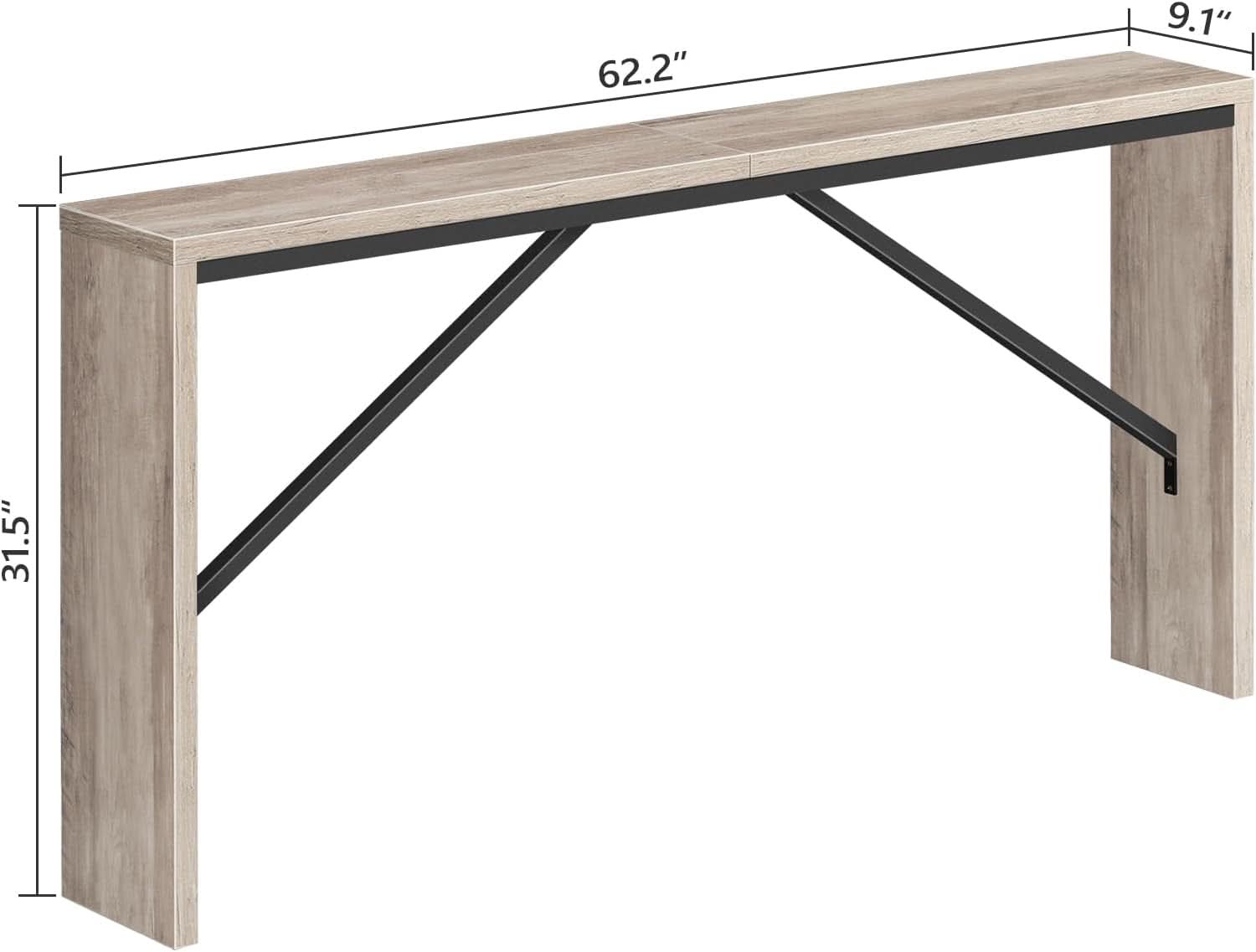 Wooden console table with metal brackets and dimensions on a white background