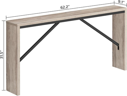 Wooden console table with metal brackets and dimensions on a white background