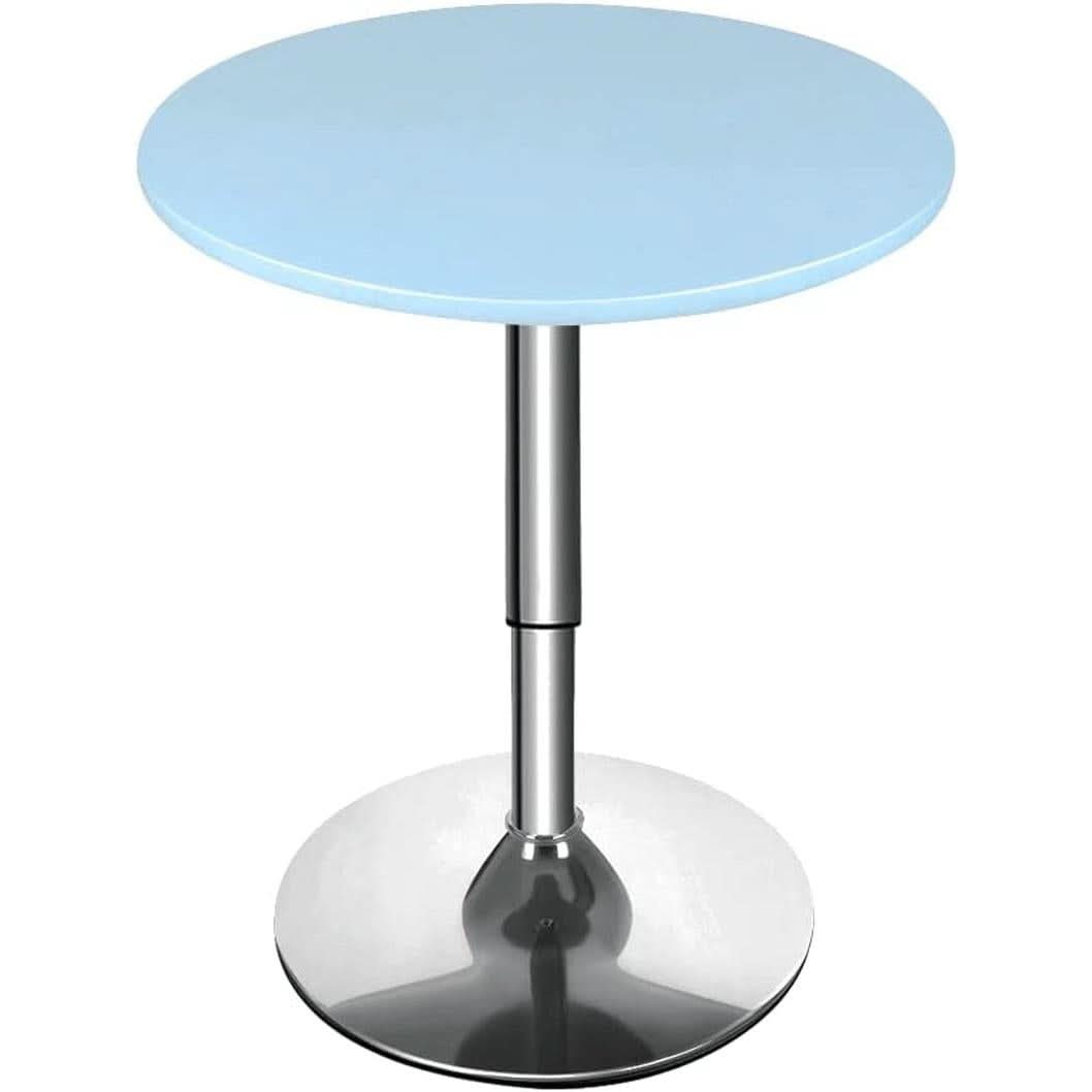 Round side table with a light blue glass top and chrome base on a white background