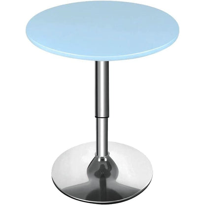 Round side table with a light blue glass top and chrome base on a white background