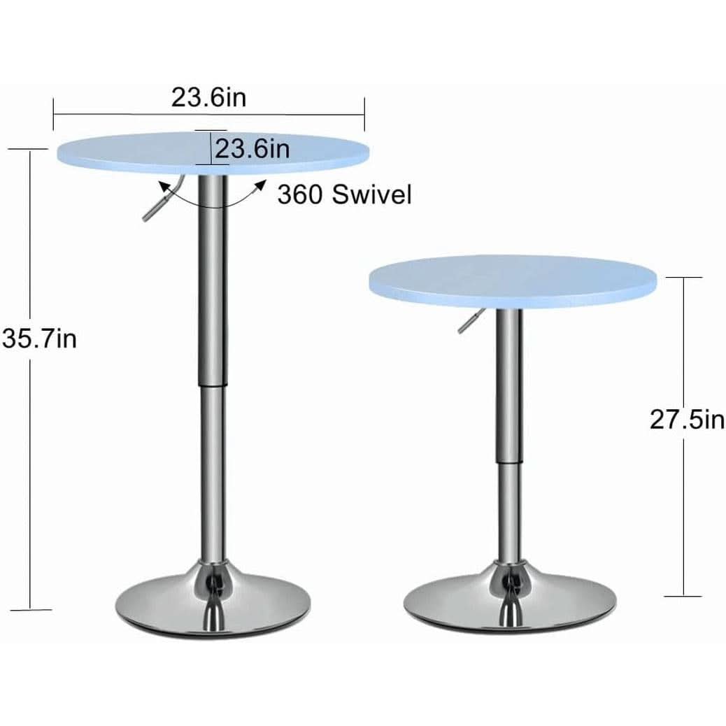 Two round tables with dimensions and swivel feature labeled on a white background