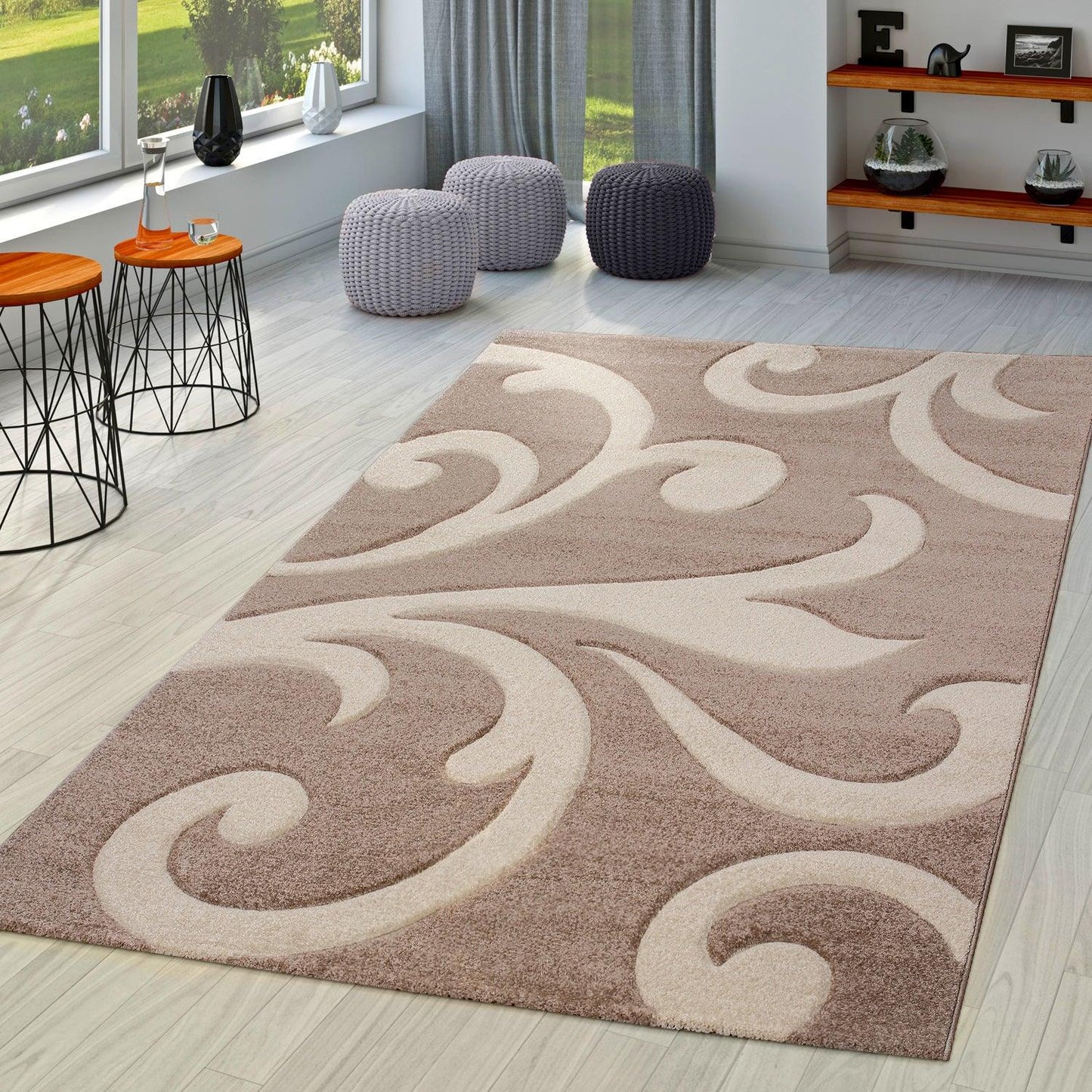 Lafleur Modern Floral Area Rug Beige Contour Cut 100% Polypropylene