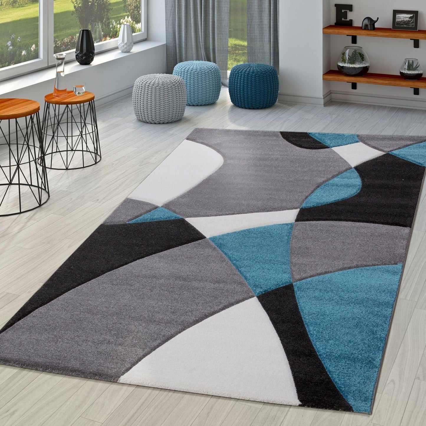 Area Rug Madeira Grey Blue Abstract Curved Pattern Durable Polypropylene