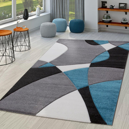 Area Rug Madeira Grey Blue Abstract Curved Pattern Durable Polypropylene