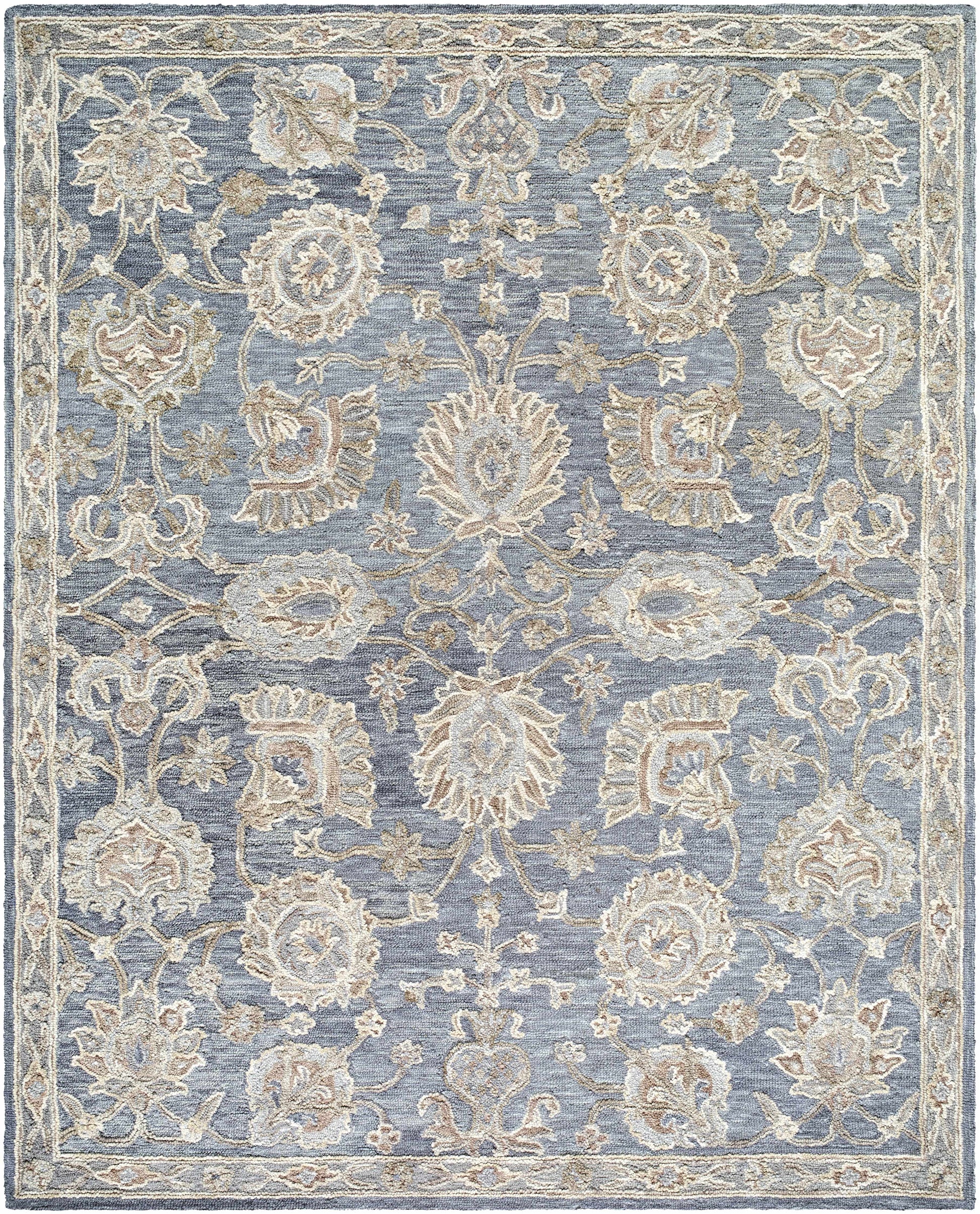 Decorative rug with floral patterns in blue and beige on a blue background
