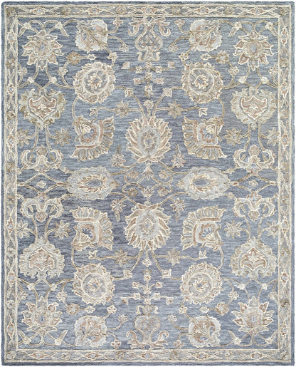 Decorative rug with floral patterns in blue and beige on a blue background