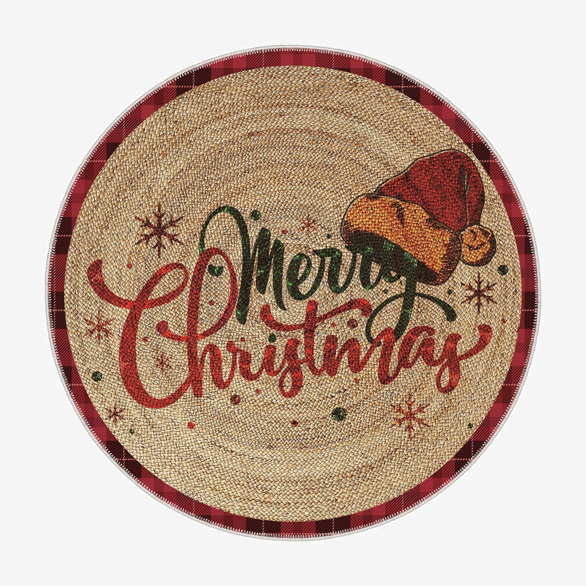 Round woven mat with 'Merry Christmas' text and festive design on a white background