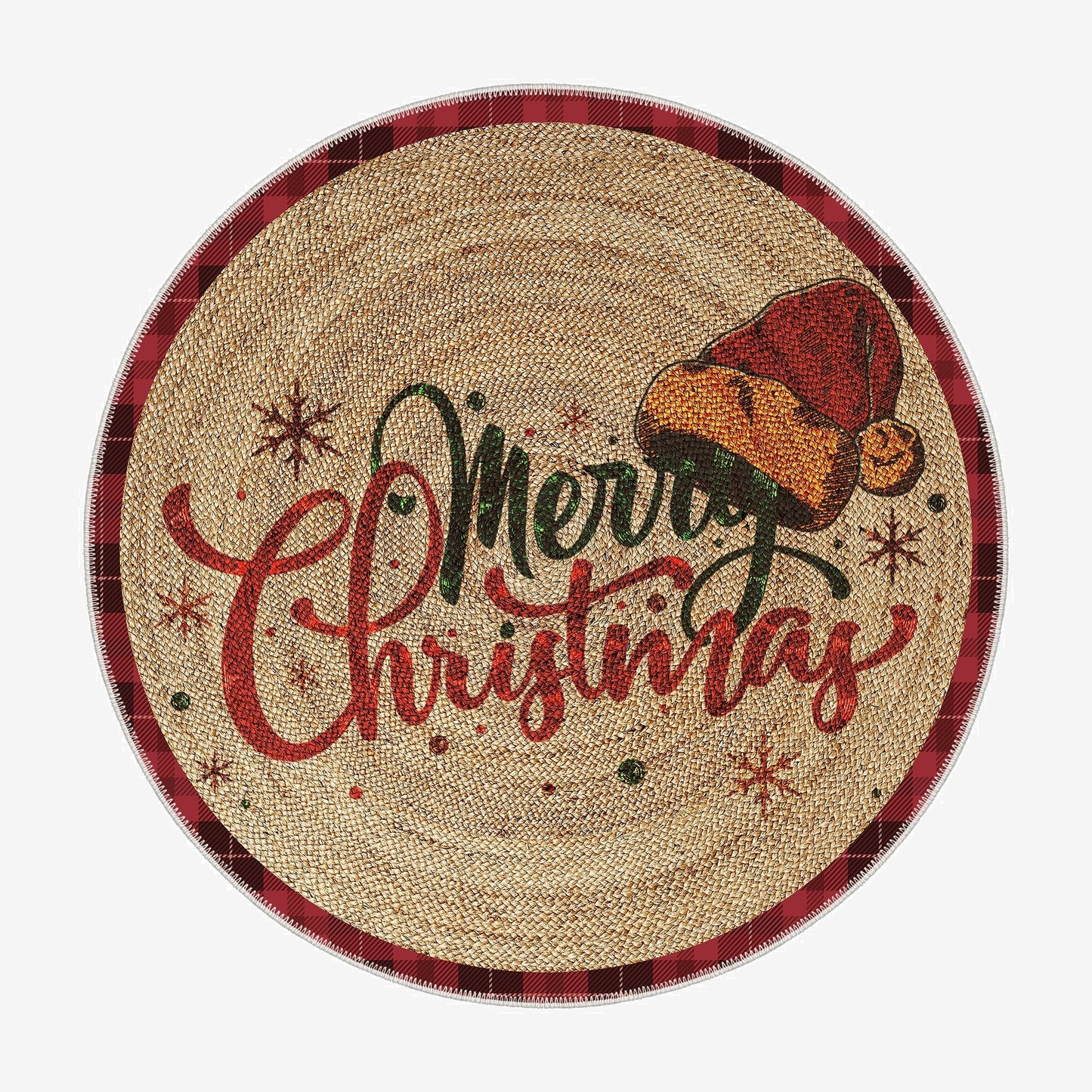 Round woven mat with 'Merry Christmas' text and festive design on a white background