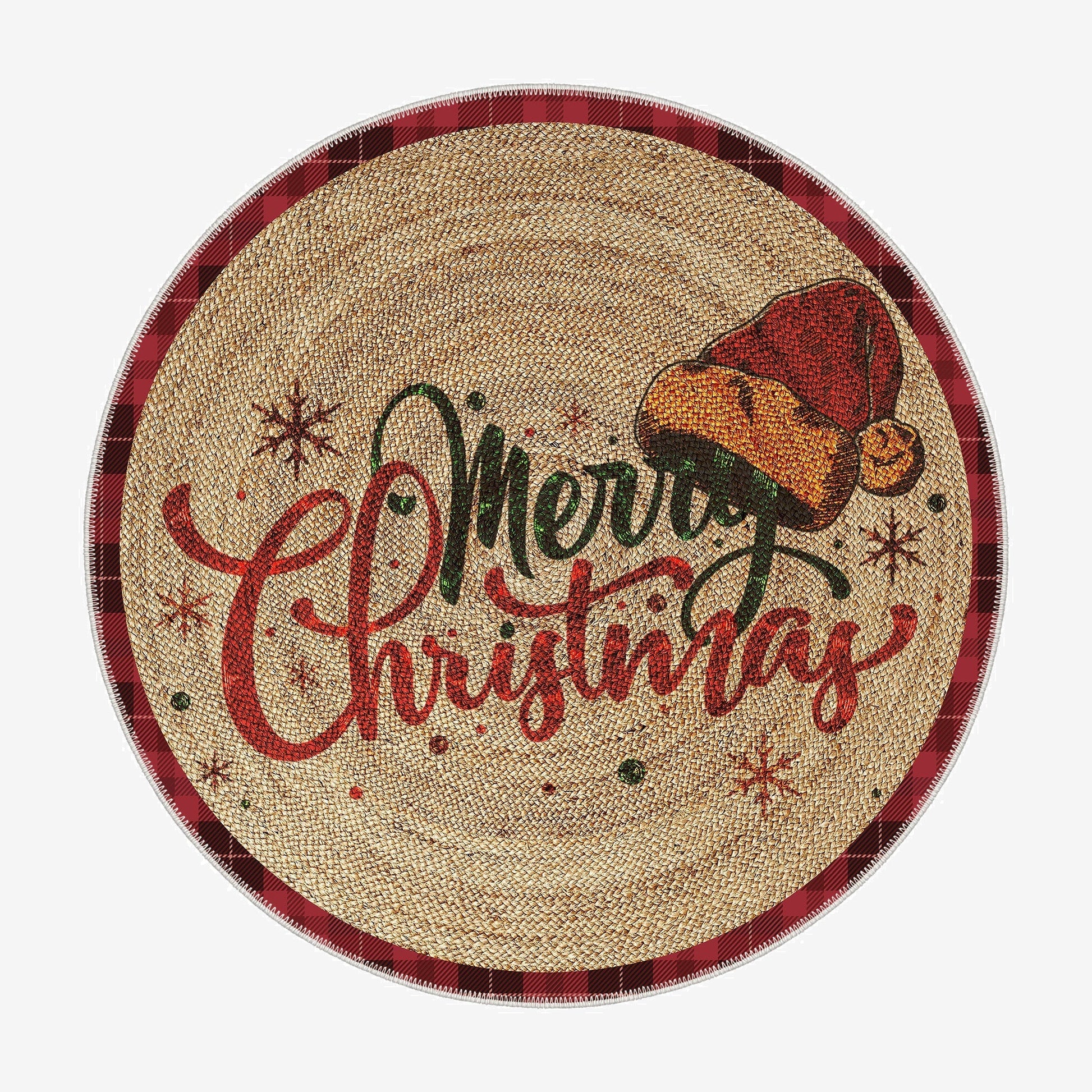 Round woven mat with 'Merry Christmas' text and festive design on a white background