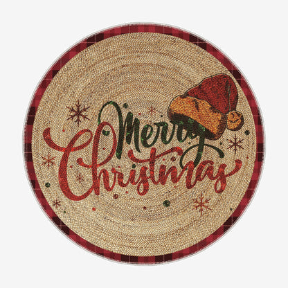 Round woven mat with 'Merry Christmas' text and festive design on a white background
