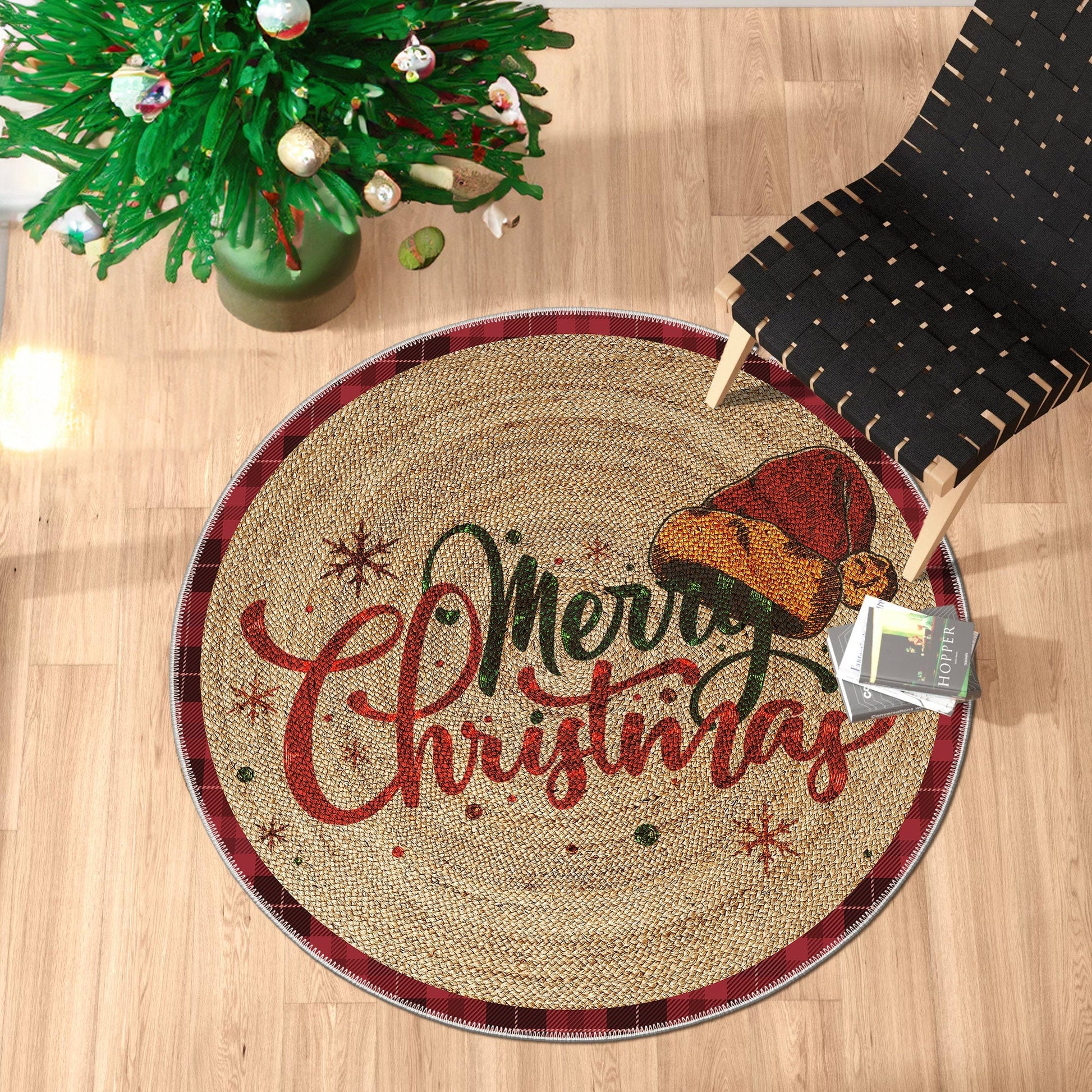 Round Christmas-themed placemat with 'Merry Christmas' text on a wooden surface.