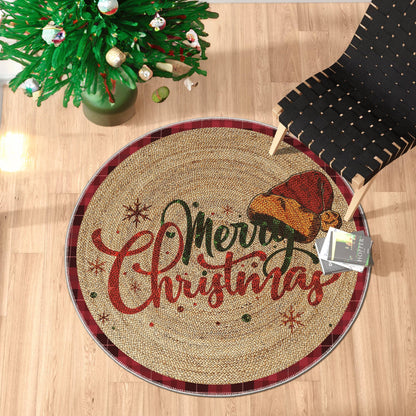 Round Christmas-themed placemat with 'Merry Christmas' text on a wooden surface.