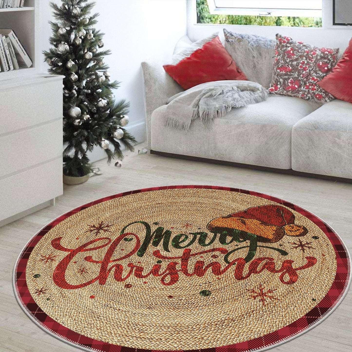 Round Christmas-themed rug in a living room with a decorated tree and sofa.