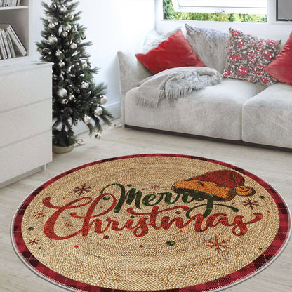 Round Christmas-themed rug in a living room with a decorated tree and sofa.