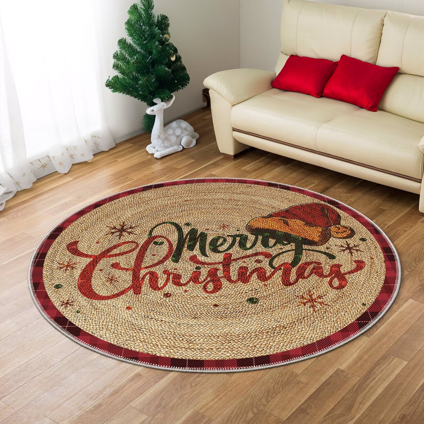 Round Christmas-themed rug on a wooden floor with a beige sofa and decorative items in the background.