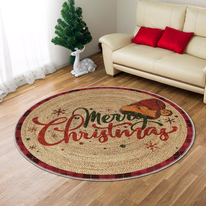 Round Christmas-themed rug on a wooden floor with a beige sofa and decorative items in the background.
