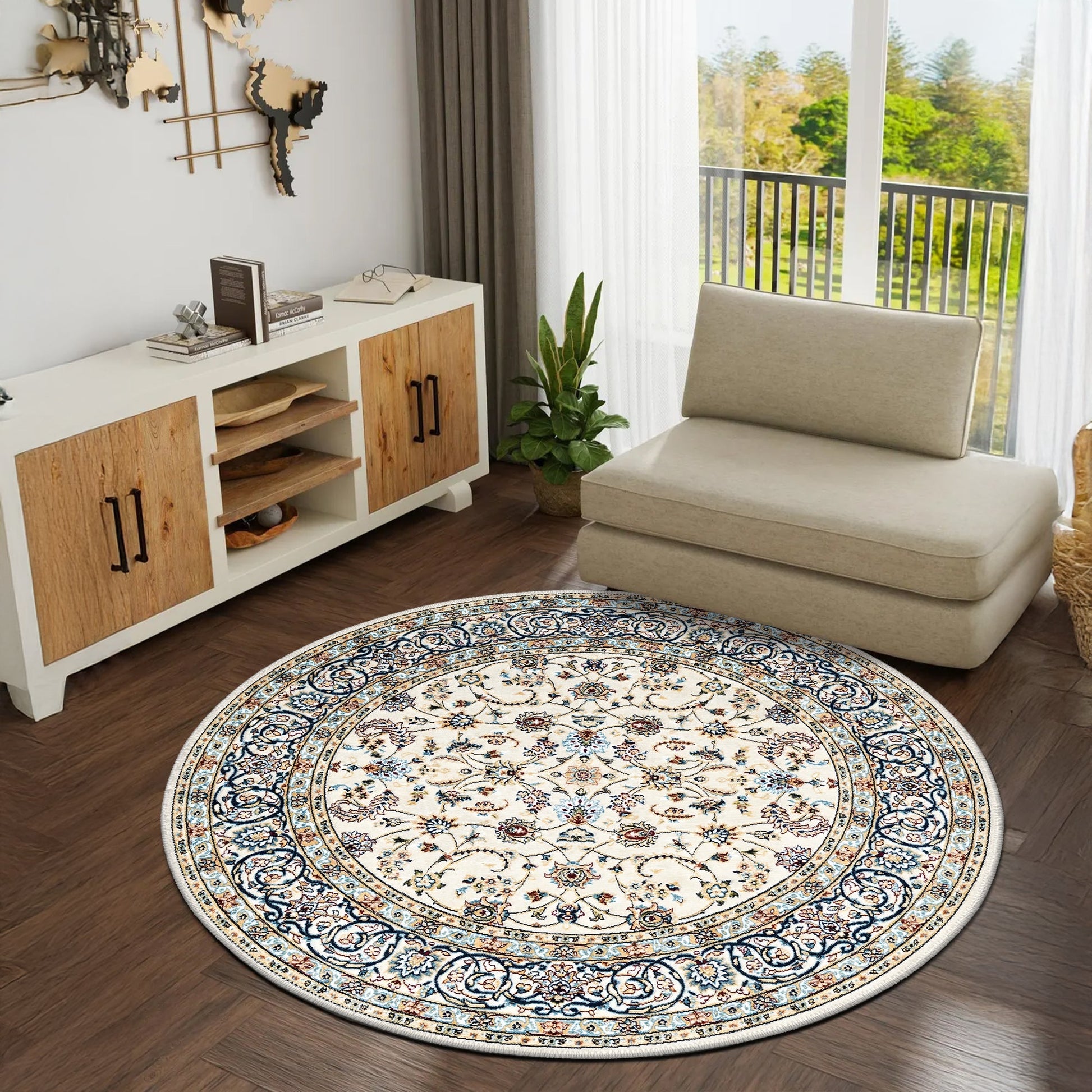 Round decorative rug with intricate patterns in a living room setting.