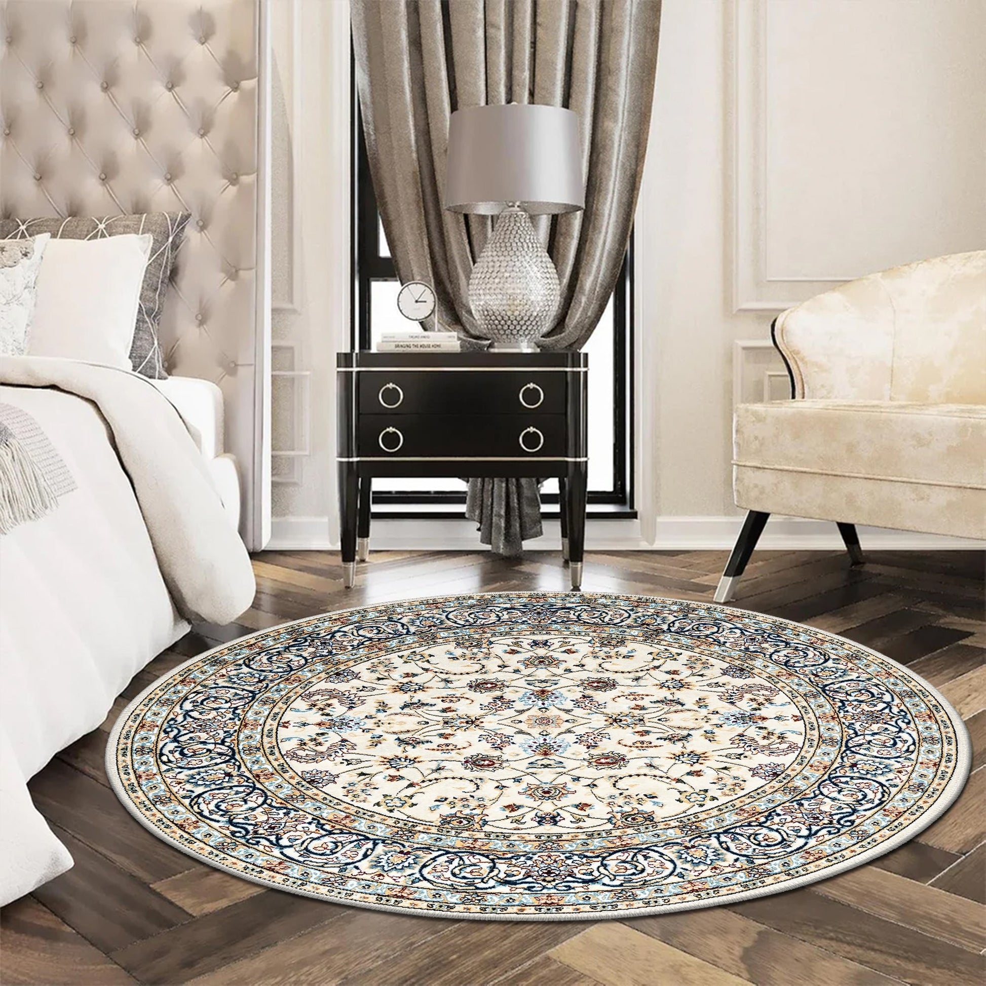 Round decorative rug in a living room setting with furniture and decor.