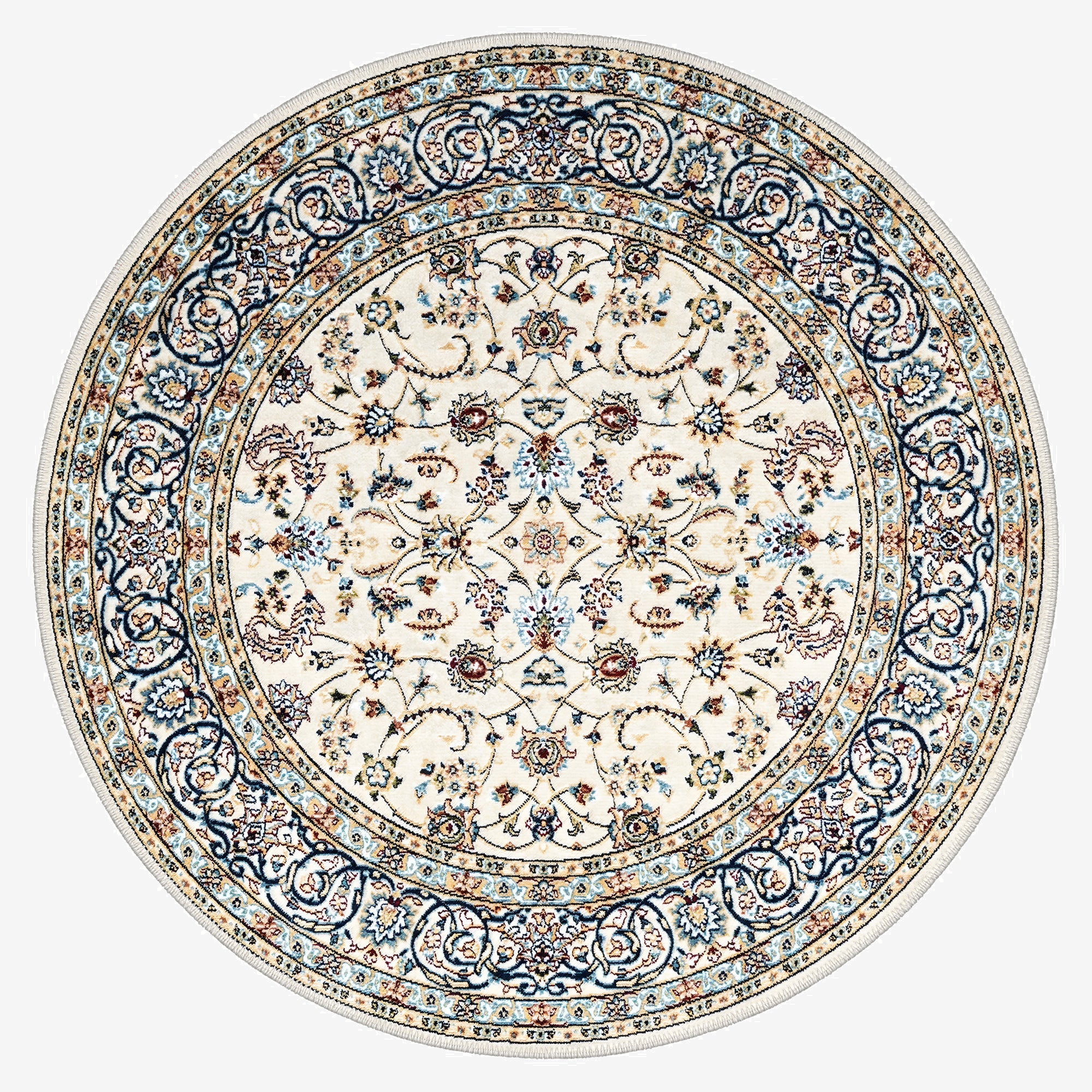 Decorative round rug with intricate patterns on a white background