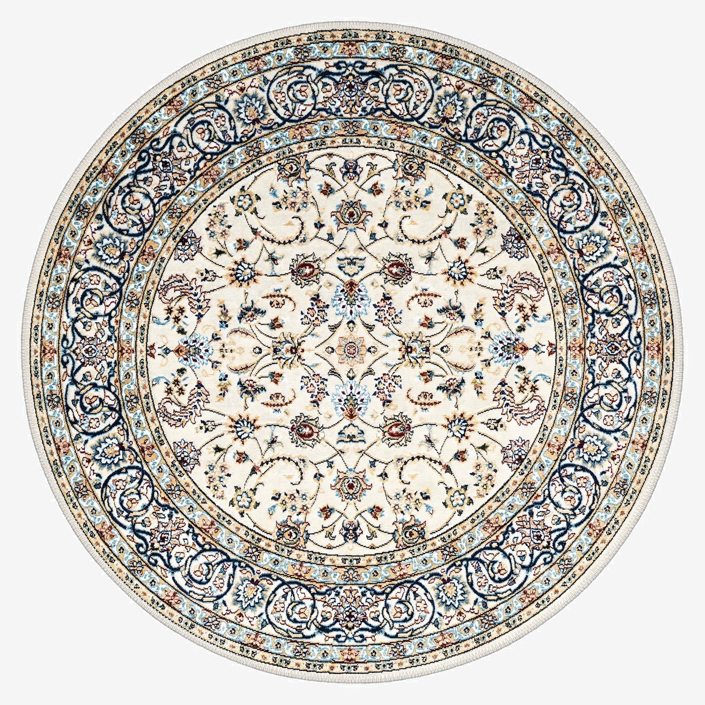 Decorative round rug with intricate patterns on a white background